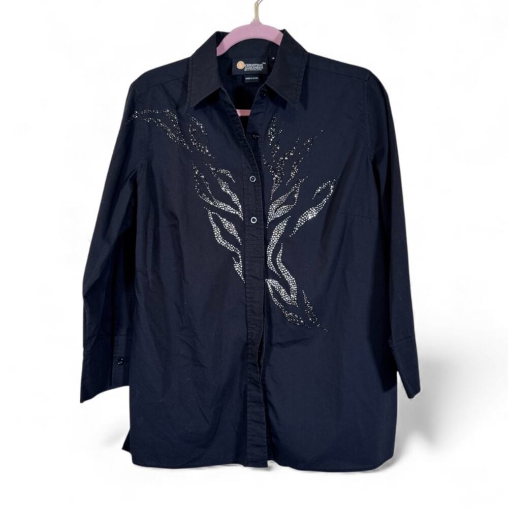 Christine Alexander Blue Rhinestone Stud Button Down Shirt Womens M Casual